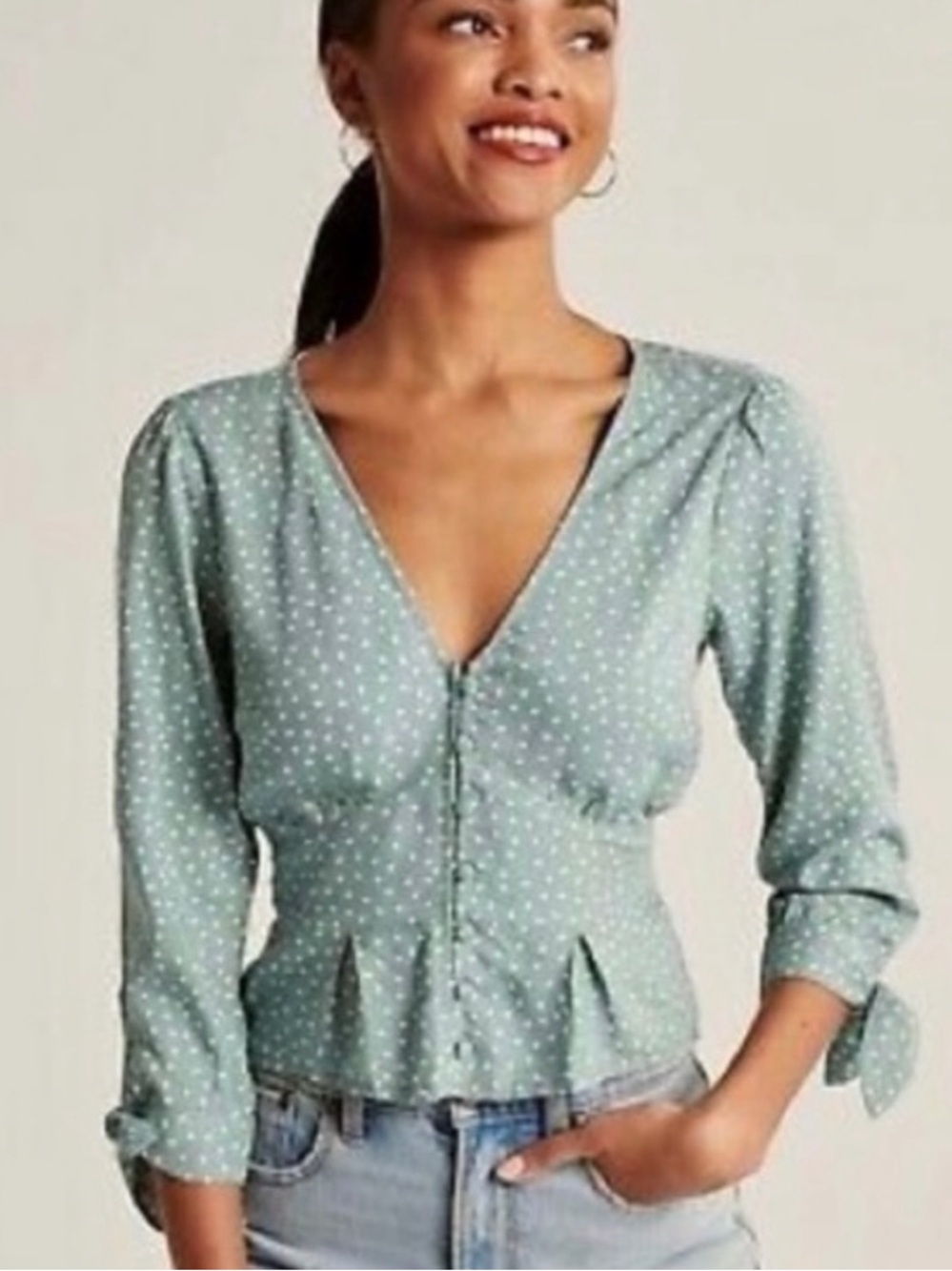 Abercrombie & Fitch Teal White Polka Dot 3/4 Sleeve V-Neck Peplum Top Blouse Sm